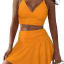Pink Queen Women's High Waisted Bikini Set Two Piece Swimsuit V Neck Spaghetti Straps Swim Skirt Bathing Suit (Medium, Orange)