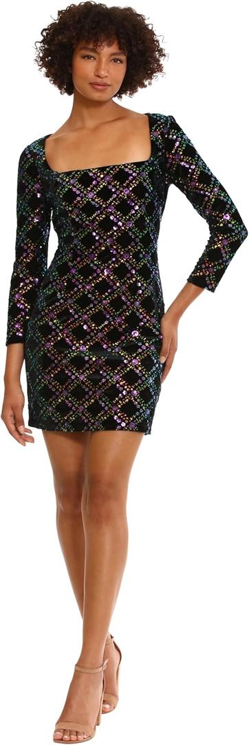 Donna Morgan Womens Holiday Sequin Dress Event Occasion Cocktail Party Guest of (8, Black/Purple/Gold)
