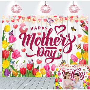 Happy Mother's Day Backdrop Tulip Floral Heart Mom-Baby Silhouette Background for Mother's Day Birthday Party Decoration Family Event Supplies Photo Booth Props 10x8FT