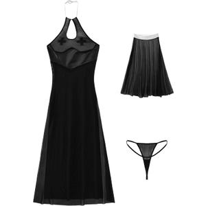 Hilinker Womens Sexy Sheer Lingerie Dress Set Long Mesh Leather Patchwork See Through Chemise Nightgown Black Small (Black, S)