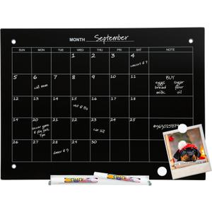 Sunnydaze Glass Calendar Dry Erase Board for Wall with Markers - Glass Magnetic Whiteboard for Home or Office - 23" W x 17" H Black