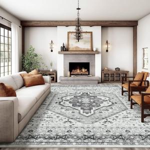 Area Rugs for Living Rooms - 8x10, Boho Non-Slip Low Pile Carpet Machine Washable Rugs for Bedroom, Farmhouse, Office, Dining Room (Grey)