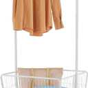 Tajsoon Laundry Cart with Hanging Rack, Metal Laundry Basket with Wheels, Laundry Hamper with Storage Basket and Shelf, Rolling Laundry Cart with Wheels, White