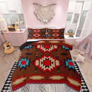 jejeloiu Southwest Native American Design Bedding Set Twin Size Southwestern Geometric Comforter for Boys Girls Children Boho Duvet Quilt Room Decor Breathable Soft Microfiber All Season 2Pcs (Red Brown Blue)