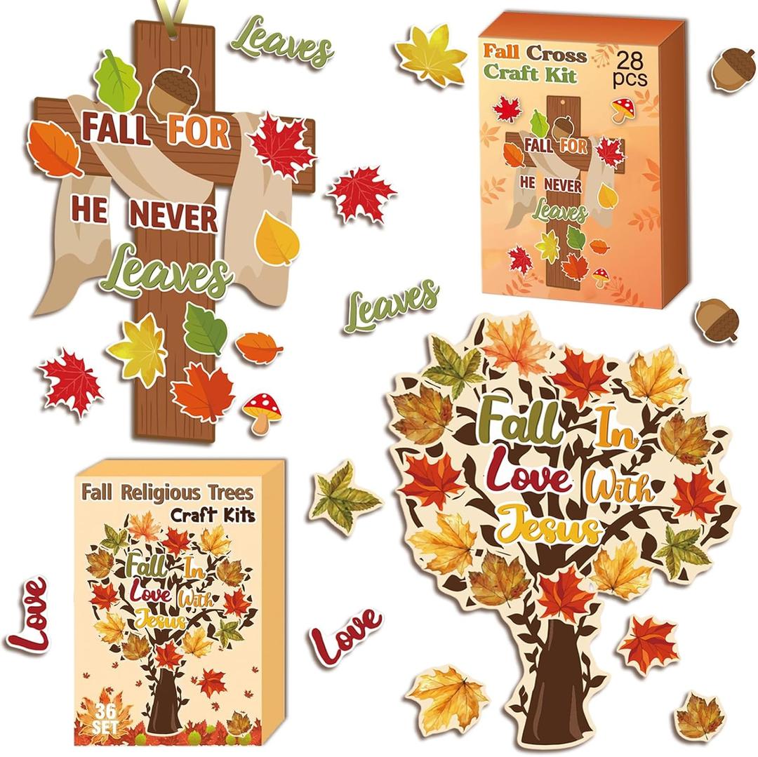 delaimastor Fall Religious Jesus Craft Kit DIY Religious Cross Craft Kit Fall Hankful Heart Trees Crafts for DIY Thanksgiving Craft Supplies School Classroom Fun Activities
