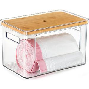 Hudgan Stackable Storage with Bamboo Top for Laundry Room Organization, Extra Large Trash Bag/Garbage Bag Dispenser, Under Sink Organizer, Pantry Organizers