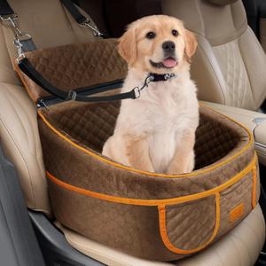 BALEINE Dog Car Seat for Small and Medium Dogs, Detachable Washable Pet Car Seat with Waterproof Bottom and 4 Storage Pockets, for Dogs Under 35 lbs (Brown)