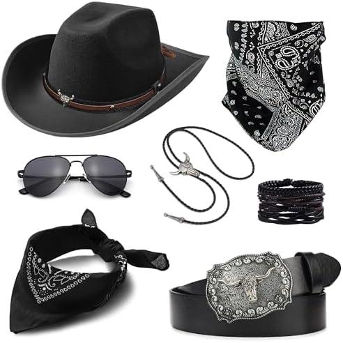 EIELO Cowboy Costume Outfit for Men Women Western Cowboy Hat Bolo Tie Buckle Belt Accessories Set for Halloween Cosplay Party