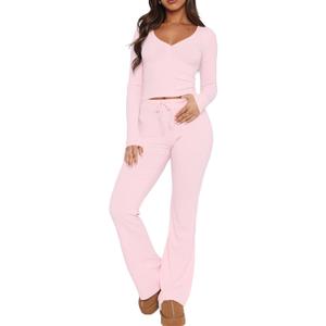 Ezbelle Women's Lounge Sets 2 Piece Outfits Long Sleeve Crop Button Down V Neck Shirt Knit Pajama Pant Fall Clothes (Large, Pink)