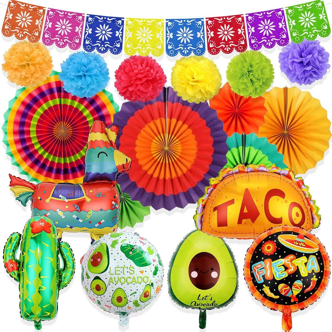 Cinco De Mayo Fiesta Party Decorations, Mexican Fiesta Party Supplies Includes Balloons, Banner, Pom Poms, Paper Fans