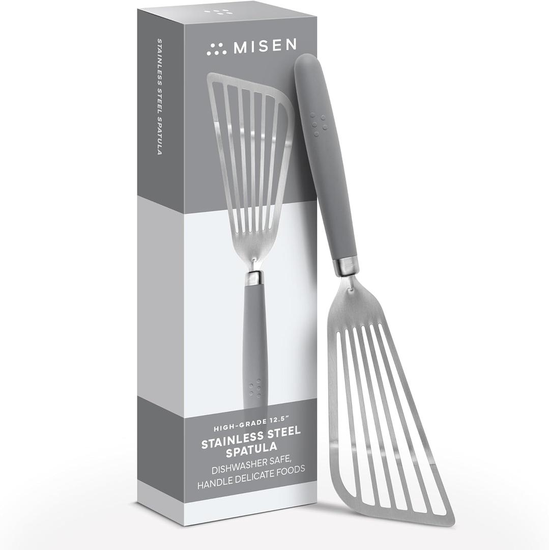 Misen Fish Stainless Steel Spatula - Slotted Turner for Cooking - Perfect for Frying - Heat Resistant - Dishwasher Safe -1mm Thick Flexible Flipper - Soft Silicone Grip Handle for Easy Use (Gray)