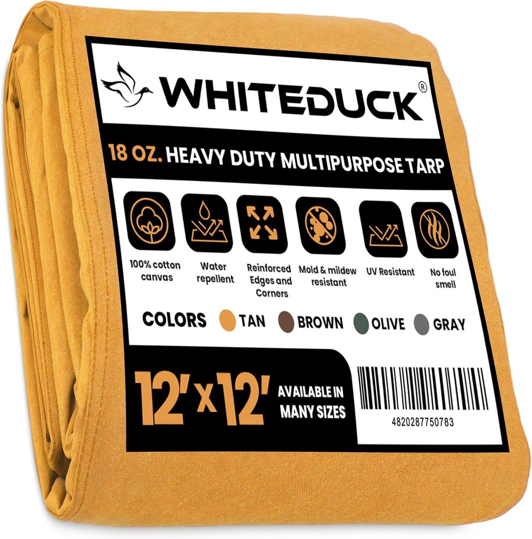 WHITEDUCK 12'x12' Canvas Tarp 18 oz/37 Mil Heavy Duty Waterproof UV Resistant, Rustproof Grommets, Industrial & Commercial Use Cloth Tarp (Finished Size: 11'6"x11'6", Tan)