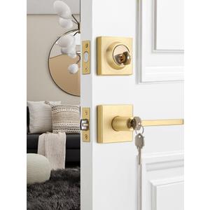 3 Sets Entry Door Handle and Single Cylinder Deadbolt Lock and Key Combo Pack - Heavy Duty Square Locking Lever Set - Interior/Exterior Door Levers in Satin Brass Finish (Entry Door Lock with Single Deadbolt Cylinder)