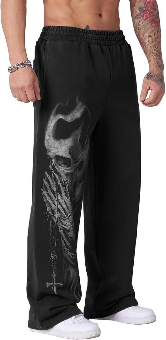 Men's Graphic Sweatpants Gothic Punk Streetwear Joggers Gym Workout Lounge Pants with Pockets, M