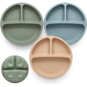 Eascrozn Toddler Plates 3 Pack, Divided Suction Plates for Baby, 100% Food Grade Silicone Baby Plates, Non-Slip, Baby Led Weaning Supplies, Microwave & Dishwasher Safe