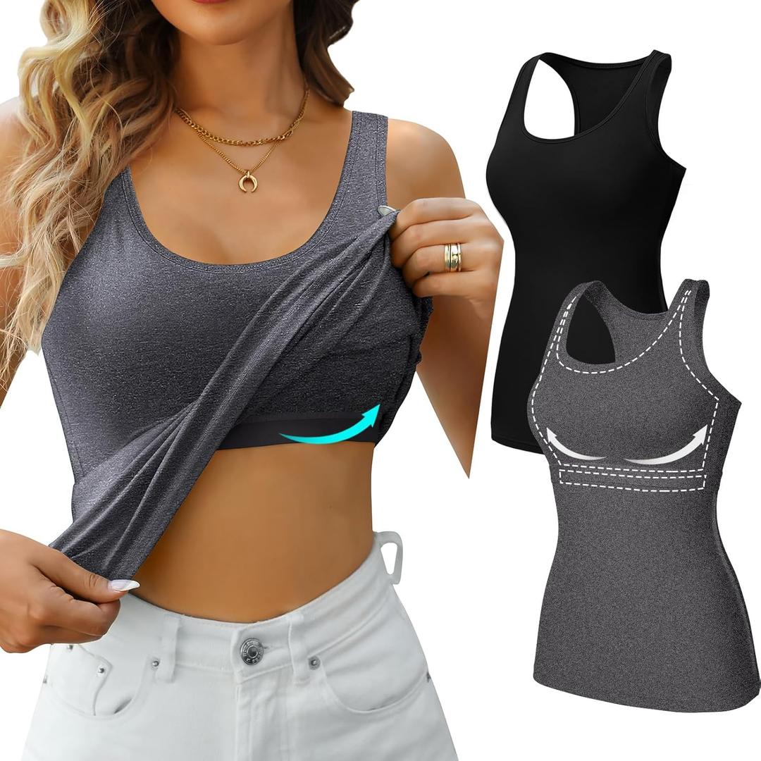 V FOR CITY Womens Shelf Bra Tank Tops Racerback Workout Camis Yoga Shirt Cotton Undershirt 2 Pack (X-Large, Black/Gray)