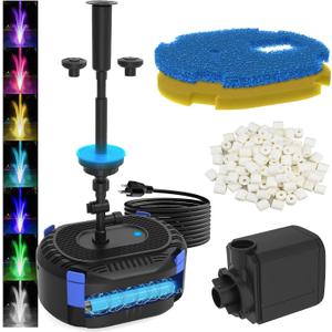 AquaMiracle All-in-One Pond Fountain Kit with Automatic Colorful LED for Outdoor Ponds 200-500 Gal, 550GPH Koi Pond Filter Pump with U - V Light to Tackle Green Water Al-gae, with 3 Spray Patterns