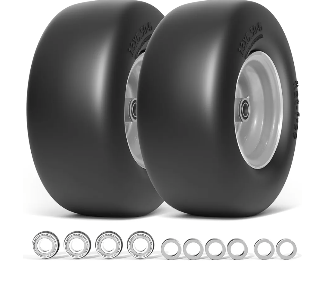 13x6.50-6 Lawn Mower Tires Flat Free, Zero Turn Mower Front Tires for Residential and Commercial, 13x6.5-6 Flat Free Tire and Wheel, 3/4" & 5/8" Bearing, 3.25"-7.65" Center Hub, 2Pack Gray