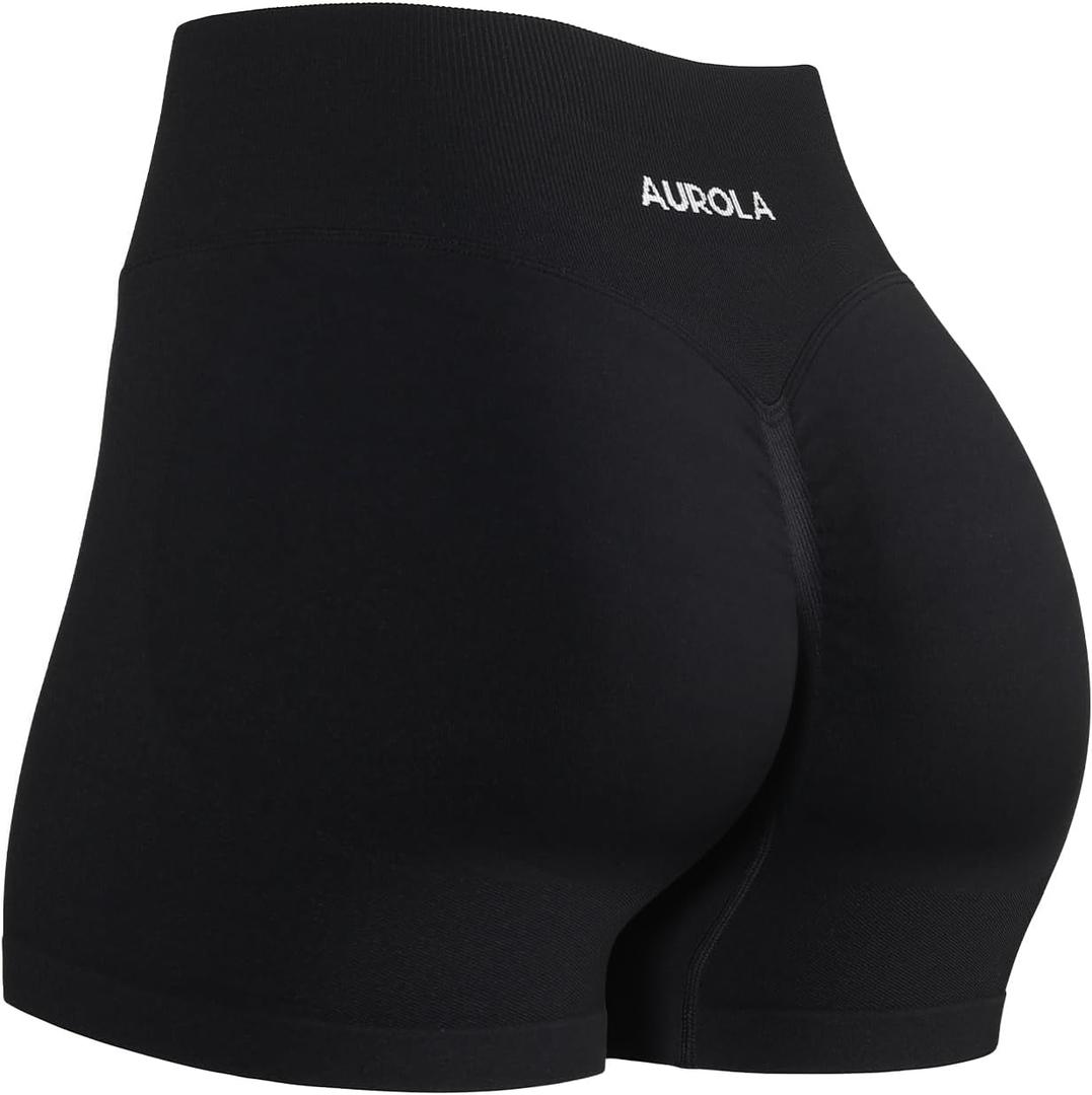 AUROLA Influence Collection Workout Shorts for Women, Squat Proof Gym Shorts No Roll Up Butt Scrunch Seamless Compression Short-2.5" Inseam, Black, M
