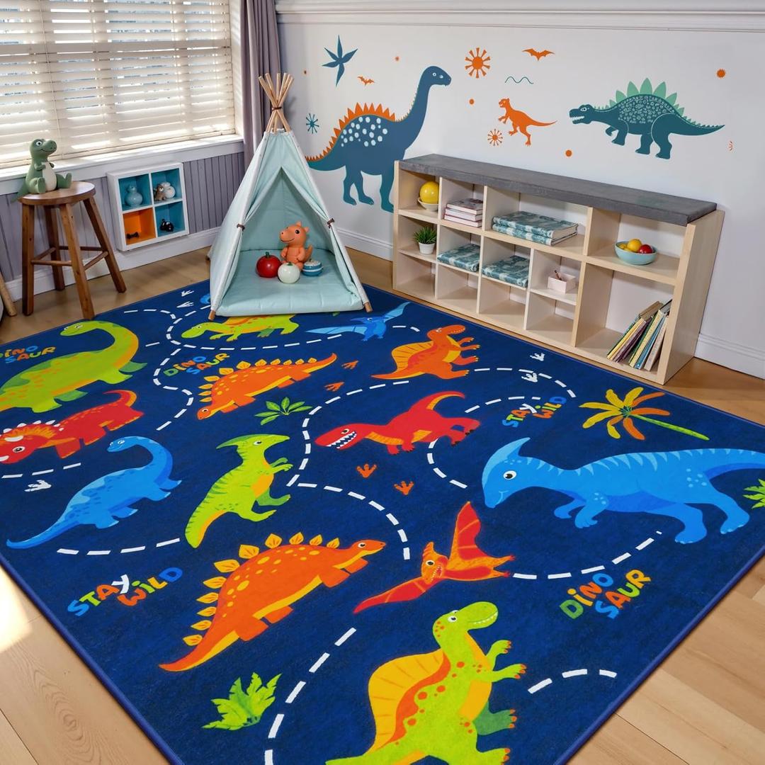 STARUIA Large 5x7 Area Rugs Washable Kids Rug for Bedroom, Soft Bule Cartoon Dinosaur Boys Room Rug, Cute Animal Patterns Nursery Rugs Toddler Carpet for Kids Room Playroom Living Room (Blue)