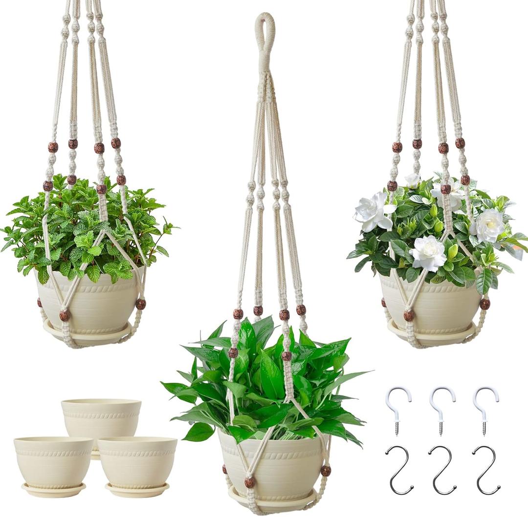 Macrame Plant Hanger with Pot, Hanging Planters for Indoor Plants, Handmade Cotton Rope Boho Home Decor, Idea Gift for Anyone, Includes Plant Holders, Pots, Plates and Hooks (Ivory)