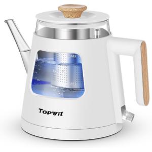 TOPWIT Electric Kettle, 1.0L Electric Tea Kettle with Removable Stainless Steel Infuser, BPA-Free Electric Glass Kettle with Window, Double Wall Water Warmer, Gooseneck, Auto-shut Off, White