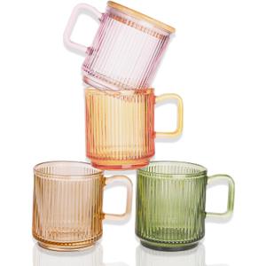 Ribbed Glass Coffee Mug with bamboo lids and handle, so cute, 12oz Tea Drinking Glasses, Fluted Design, Ideal for Water, Iced Coffee, Juice, Latte, Milk, Gift (Colored)