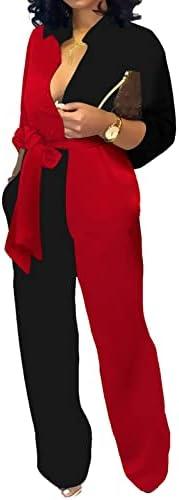SeNight Women's Jumpsuits Elegant Business Casual Button Down V Neck Long Sleeve Strap Straight Long Pants With Pockets L, Black Red