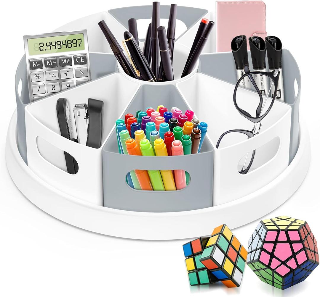 MeCids 360 Rotating Storage Organizer Desk Organizers Pen Holder 12 Lazy Susan Style Caddy with Removable Bins, for Home Office Supplies, Art Supplies, Make-up & Kitchen Use, with Card & Gift Box