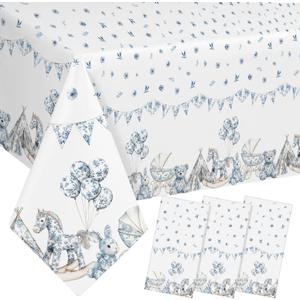 Batiyeer 3 Pcs Blue Toile De Jouy Baby Shower Decorations Chinoiserie Porcelain Plastic Tablecloth Blue White Vintage Floral French Rectangle Table Cover for Nursery Birthday Party Supplies, 54x108''