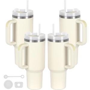 4 Pack 40 Oz Tumbler with Handle Bulk, Double Wall Vacuum Insulated Stainless Steel Tumbler with Lid and Straw, 40 oz cup with Silicone Spill Proof Stopper Set (Cream)