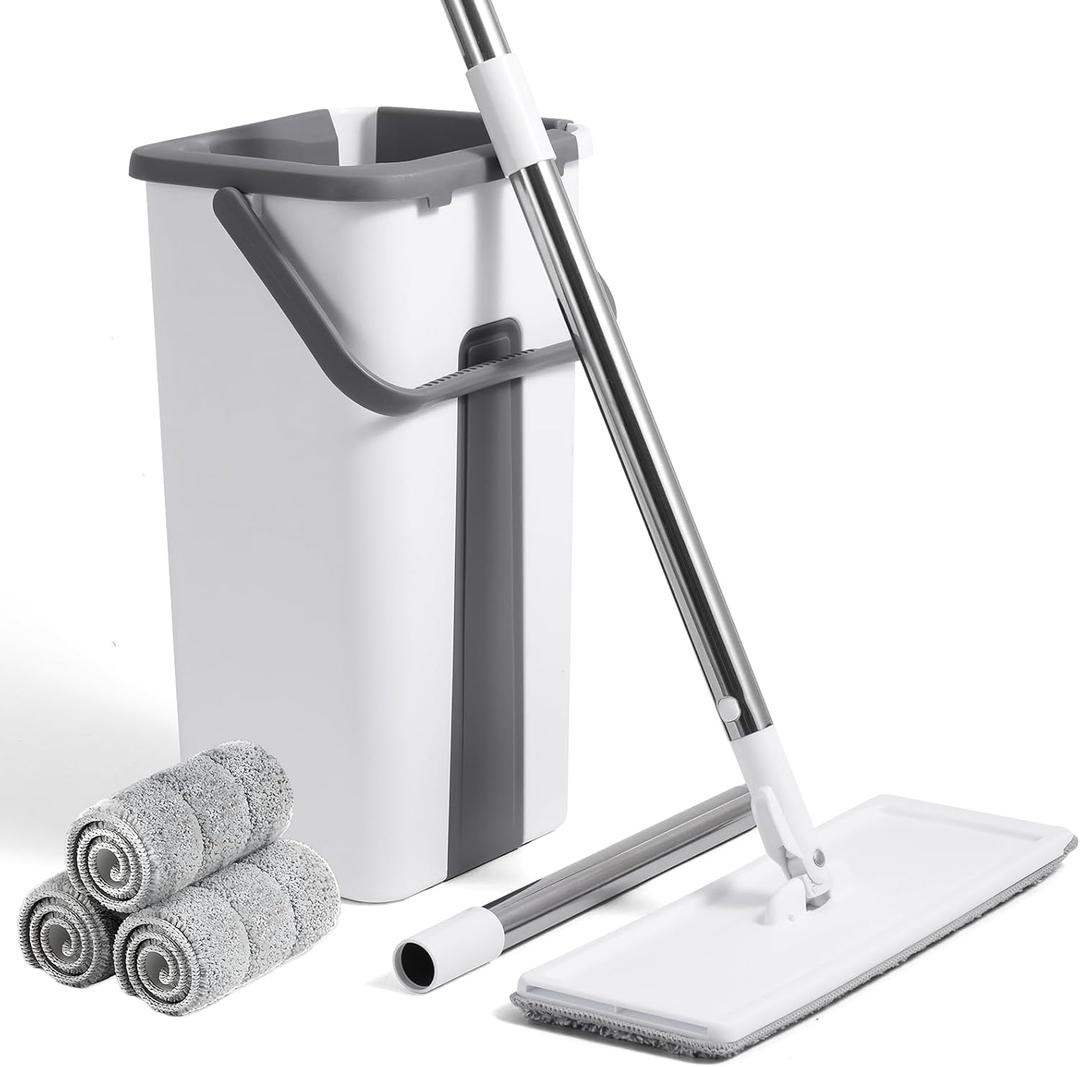1 Set, Hands-Free Mop and Bucket with Wringer Set, Flat Floor Cleaning System with 3 Washable Microfiber Pads, Dust and Dirt Removal, Wet and Dry Use, Spin Mop for All Floor Types and Windows