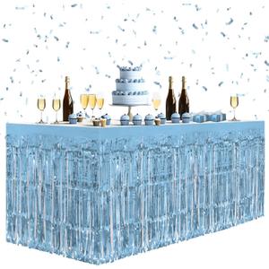 4 Pack Light Blue Table Skirts, 29x108" Metallic Foil Tinsel Fringe Table Skirts for Rectangle Tables Streamer Curtains Backdrop, Party Decorations for Birthdays Weddings Holidays