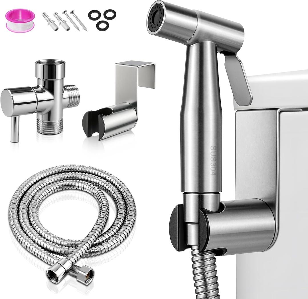 Handheld Toilet Bidet Sprayer, Water Pressure Adjustable Sprayer with Hose and 7/8 "T-Valve, Jet Spray and Soft Spray, for Toilet, Bidet, Shower etc., Stainless Steel, Silver