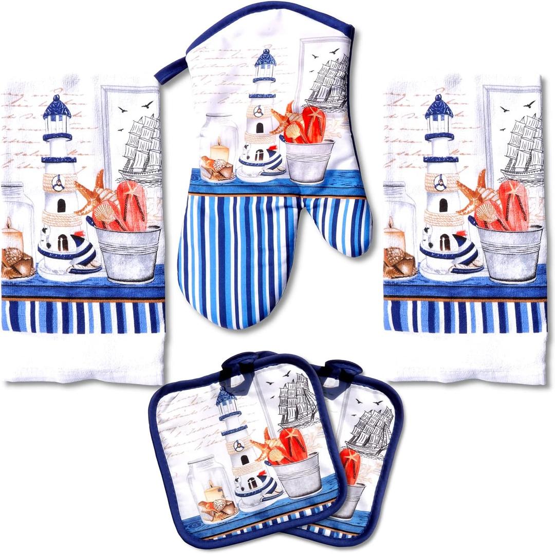 Lobyn Value Packs Decorative Lightweight Kitchen Towel Set 5 Piece Towels (Lighthouse)