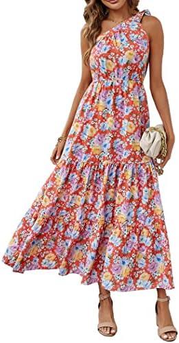PRETTYGARDEN Women's Summer Floral One Shoulder Maxi Dress Knot Ruffle Boho Beach Vacation Wedding Guest Long Sun Dresses XL
