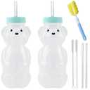 Honey Bear Straw Cups, Juice Bear Bottle Drinking Cup Long Straws with 4 Flexible Straws & Cleaning Tools, 8-Ounce Therapy Sippy Bottles for Speech and Feeding Training, Food-Grade & BPA Free 2 Pack