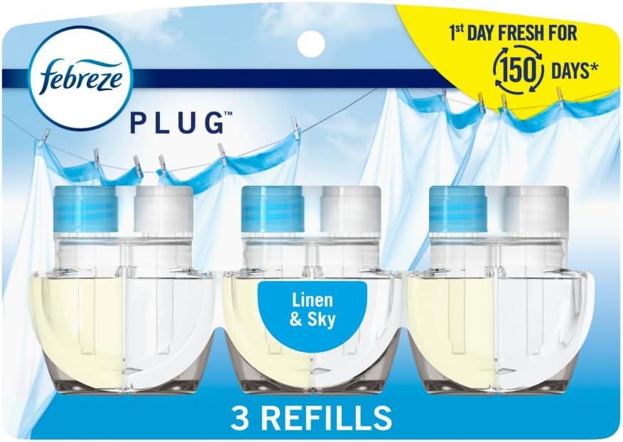 Febreze Plug In Air Freshener, Odor-Fighting Scented Oil Refill, Air Fresheners for Home and Bathroom and Kitchen, Long Lasting for Strong Odors, Linen & Sky Scent, 0.87oz Refills, 3 Count (Pack of 1) (0.87 Fl Oz (Pack of 3))