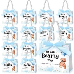 Spakon 25 Pack Bear Baby Shower Favor Gift Bags Decorations We Can Bearly Wait Baby Shower Goodie Bags with Handles and Ribbons Gender Reveal Party Favor for Guests Return Gifts(Blue)
