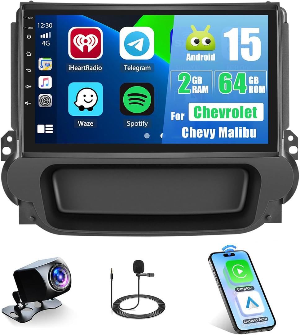 2+64G for Chevrolet Chevy Malibu 2009-2014 Android 15 Car Stereo Wireless Apple CarPlay Android Auto,9 inch Touch Screen Radio WiFi Bluetooth GPS FM RDS+Free AHD Backup Cam