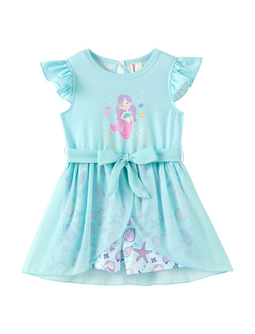 PATPAT Toddler Girl Romper Size 3T, Mint Green Princess Print Ruffle Shoulder Sleeveless Belted Romper Shorts with Mesh Cover Up, 3T Rompers for Toddler Girls