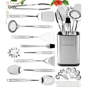 Home Hero 32-Piece Stainless Steel Kitchen Utensil Set - Heat-Resistant Nonstick Silicone Tools - Durable Stainless Steel Cooking Tools - Measuring Cups & Spoons with Holder - 32 Pc, Silver