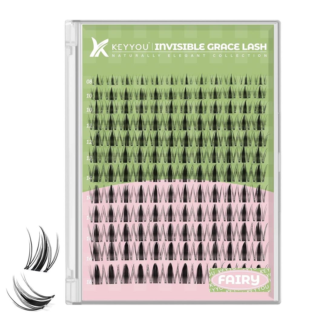 KEYYOU Fairy Lash Clusters 144Pcs D Curl Manga Lash Extension Eyelash Extension Wispy Natural Invisible Band Lash with Waterproof DIY Lash Extension at Home(Fairy-D-8-18MIX)