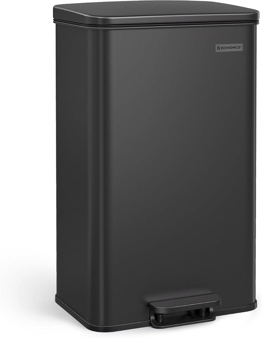 SONGMICS Kitchen Trash Can, 10.5 Gallon (40 L) Garbage Can, Large Step Trash Bin with Lid, Stainless Steel, Soft Close, 15 Trash Bags Included, Black ULTB540B40
