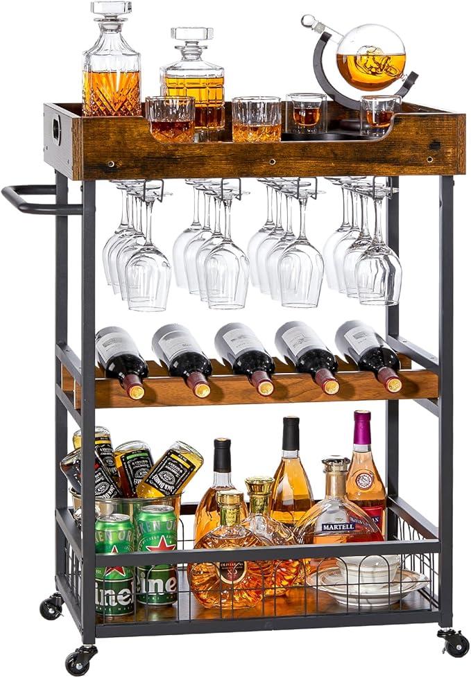 X-cosrack Bar Cart with Storage, Mobile Kitchen Serving Cart with Rack and Glass Holder, Removable Wood Tray, Industrial Cart on Wheels with Handle, Rustic Brown