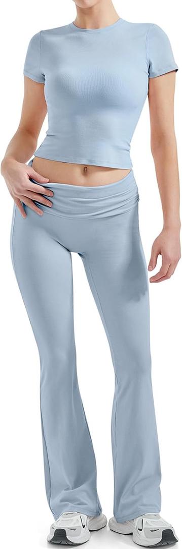 SUUKSESS Women 2 Piece Lounge Sets Going Out Y2K Foldover Pants Matching Pajamas (Large, Light Blue)