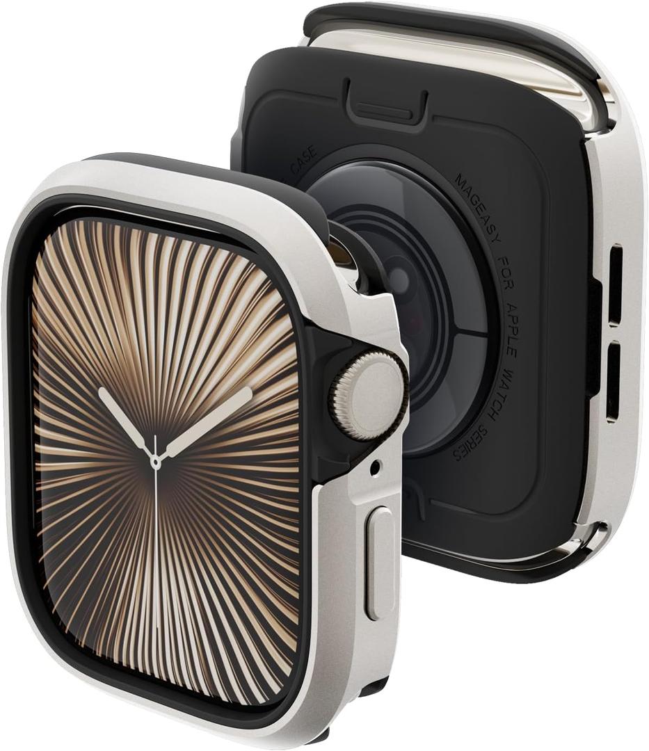 MAGEASY Aircraft-Grade Aluminum Rugged Case for 46mm Apple Watch Series 11, 10 | 2 in 1 Metal Hard Shell with Shockproof Inner Bumper for Maxed Protection, Odyssey - Starlight White