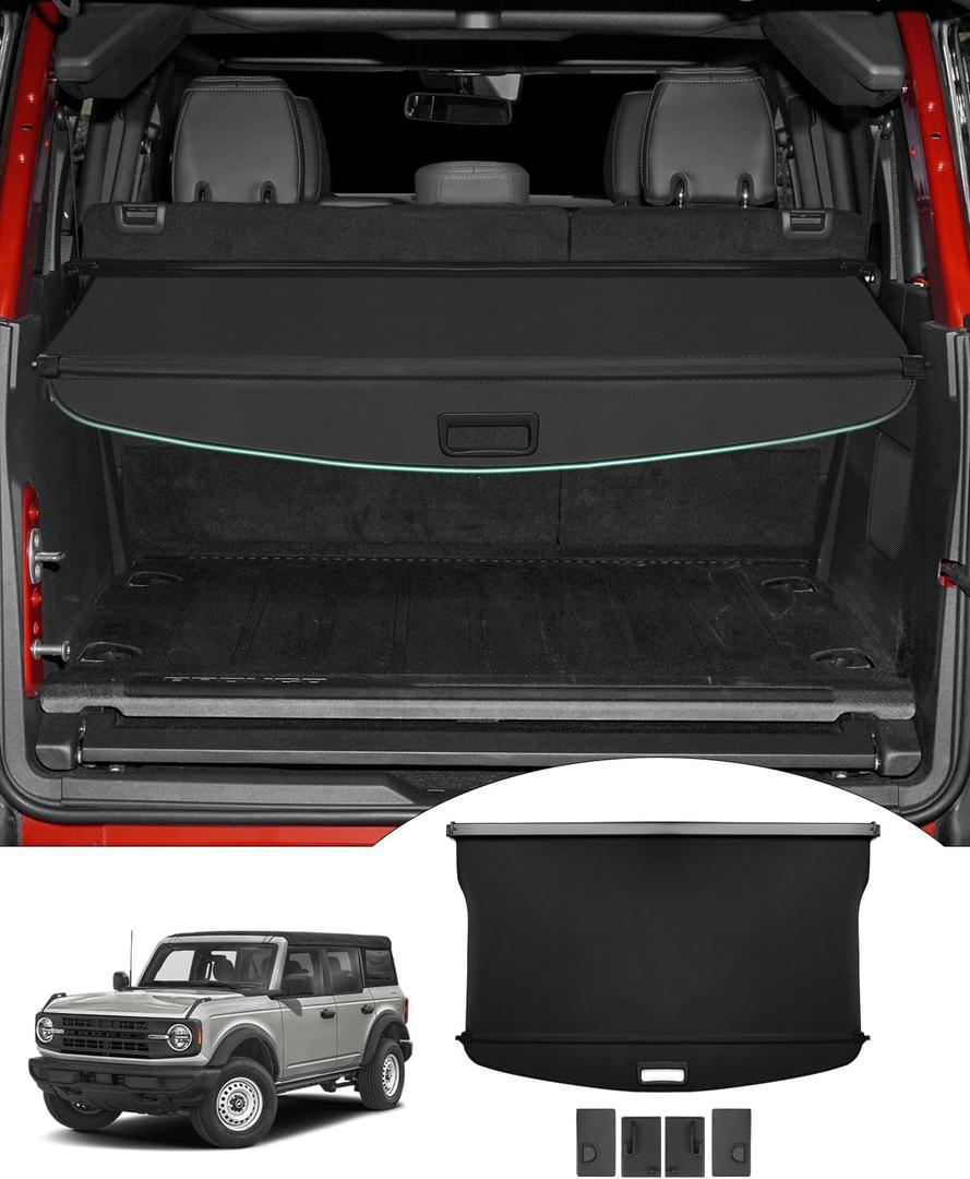 Powerty Cargo Cover for Ford Bronco 4-Door Soft Hard TOP 2021-2024 2025, Trunk Cover Retractable Trunk Security Shielding Shade Replacement for Bronco Accessories Punch-Free (Not for Bronco Sport)
