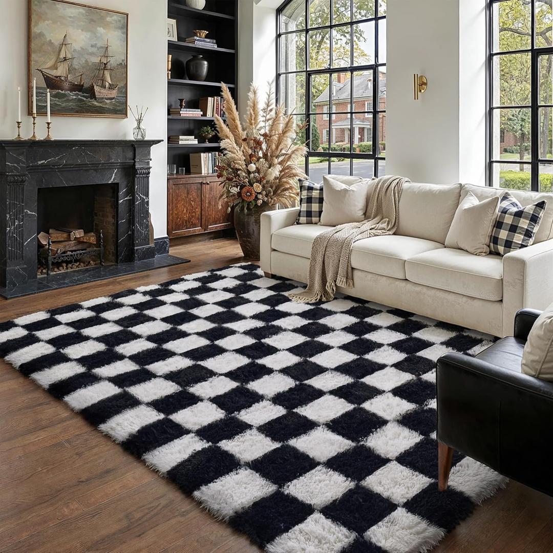  Rugs for Living Room, 5x8 Area Rug Black and White Fluffy Shag Soft Checkered Rug Large Fuzzy Plush Furry Shaggy Carpet for Bedroom, Kids Boys Girls Teen Dorm Nursery Home Decor Aesthetic