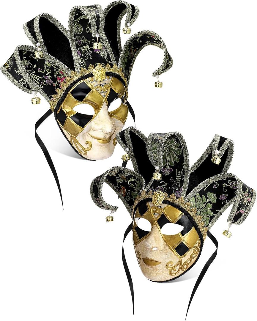 Syhood 2 Pcs Jester Mask Vintage Venetian Couples Masquerade Mask Full Face Decoration for Mardi Gras Party (Checkered, Black)